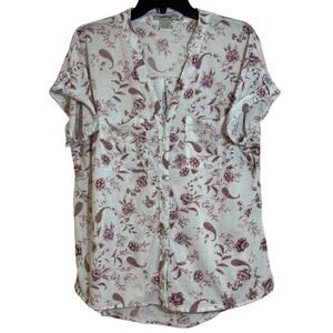 Love Potion 1X Floral Paisley Pinkish Maroon Button Up Blouse Rolled Cap Sleeve